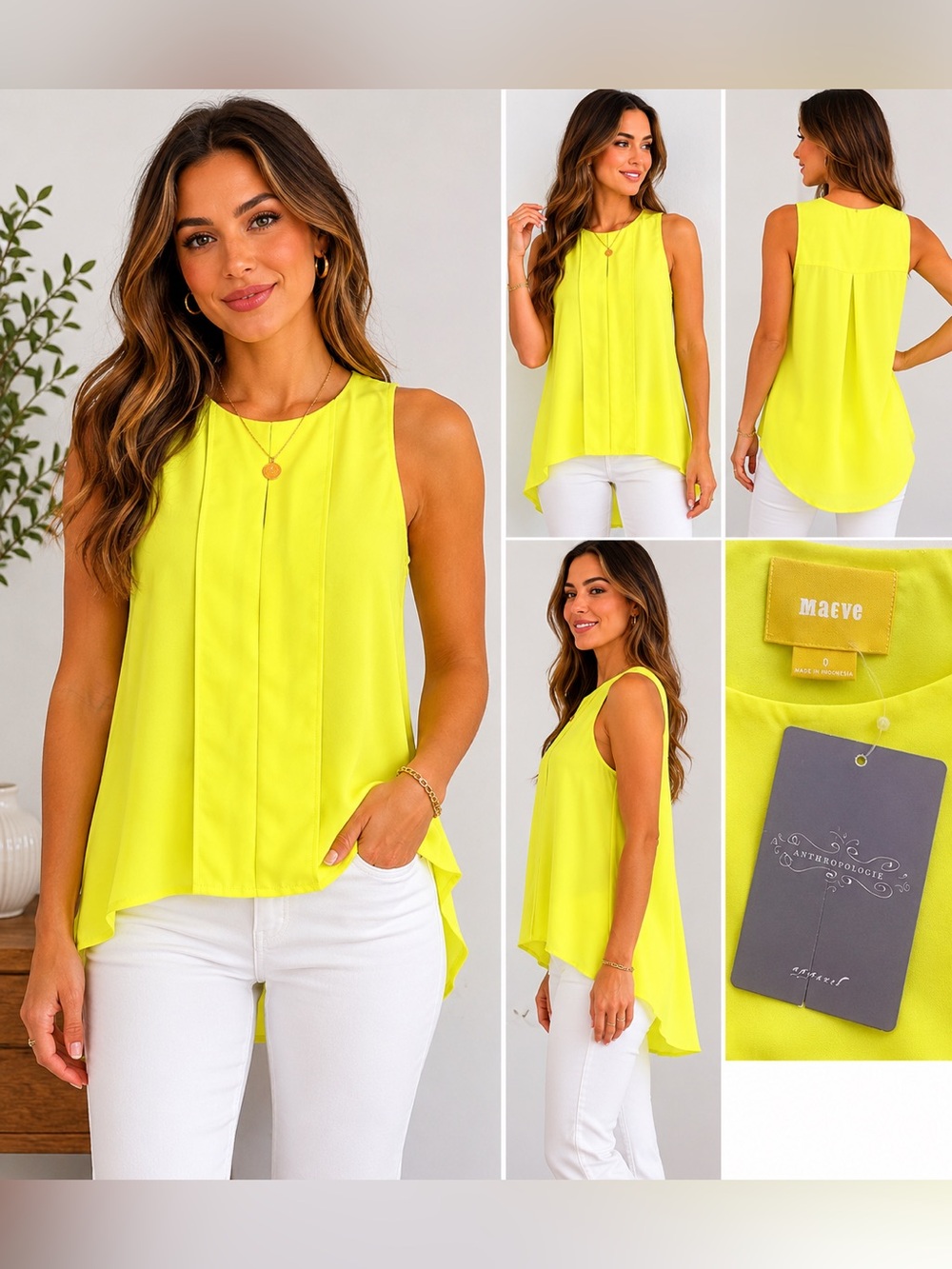 Maeve Anthropologie Neon Yellow Sleeveless Hi Low Blouse Top 0 NWT